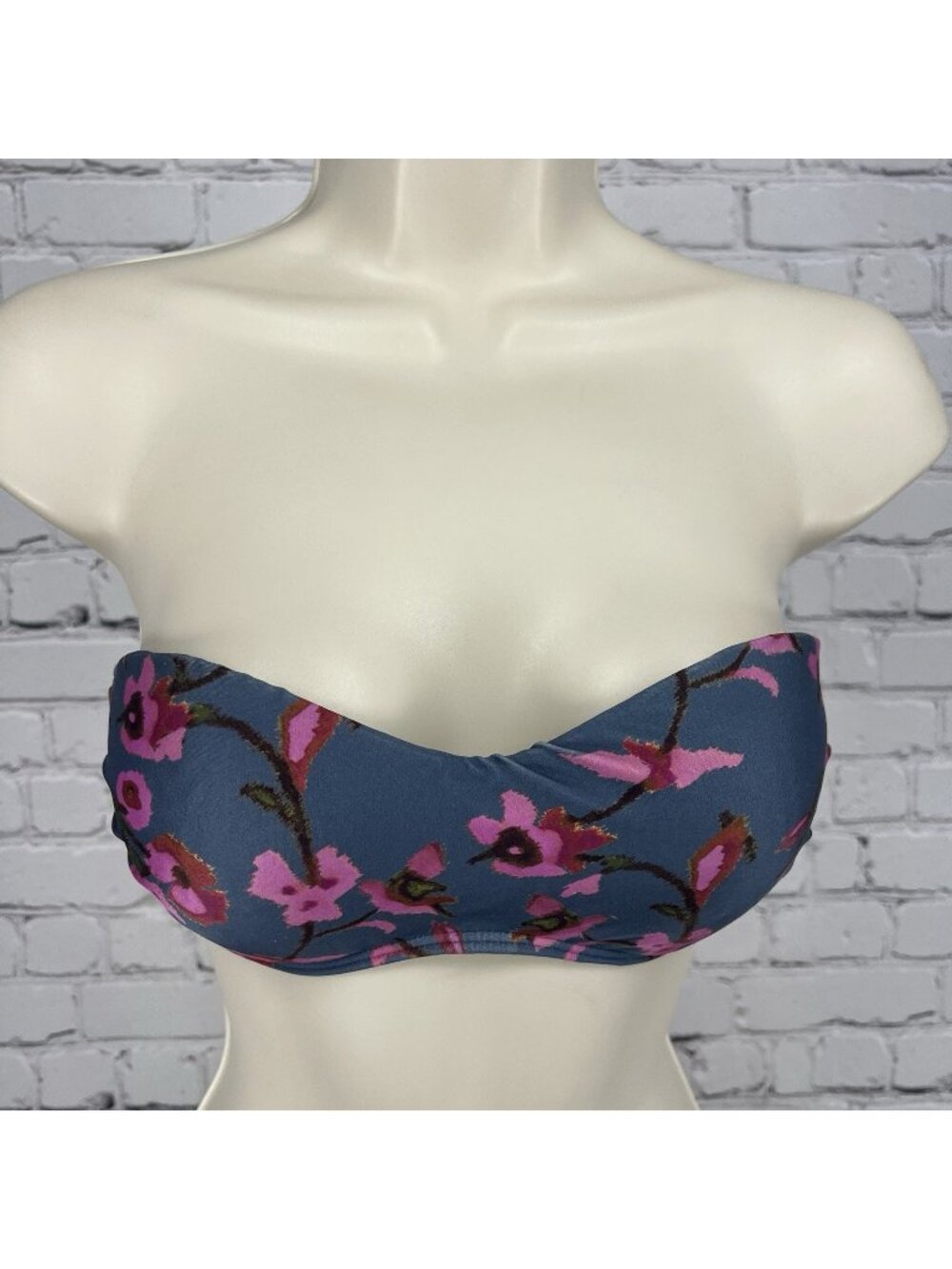 Vix Paula Hermanny Grey Blue Floral Strapless Bikini Top Tie Back Small S